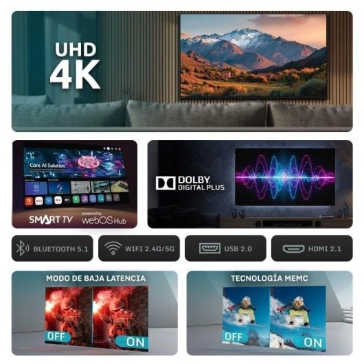 Nilait Prisma 50UD7004SWOS 50" LED UHD 4K Smart TV WEBOS +Nilait Harmony Sound bar Barra de sonido 2.0 60W blanca