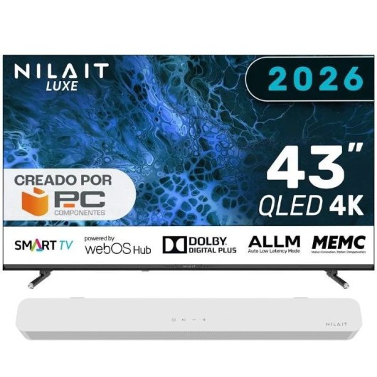 Nilait Luxe 43UD8004SWOS 43" QLED UHD 4K Smart TV WEBOS+Nilait Harmony Sound bar Barra de sonido 2.0 60W blanca