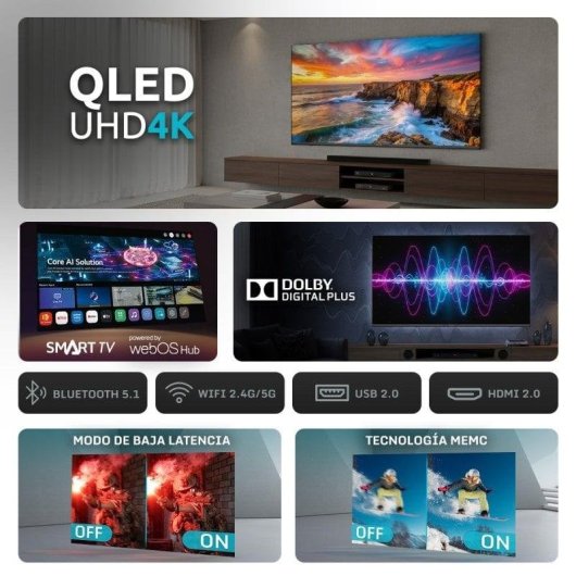 Nilait Luxe 43UD8004SWOS 43" QLED UHD 4K Smart TV WEBOS+Nilait Harmony Sound bar Barra de sonido 2.0 60W blanca