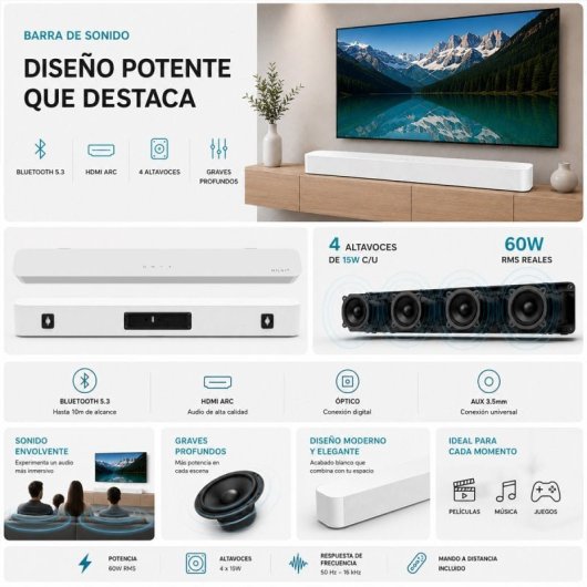 Nilait Luxe 50UD8004SWOS 50" QLED UHD 4K Smart TV WEBOS+Nilait Harmony Sound bar Barra de sonido 2.0 60W blanca
