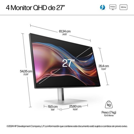 Monitor HP Serie 7 Pro 27" Quad HD 120Hz IPS Black HDR400 FreeSync Altura Ajustable