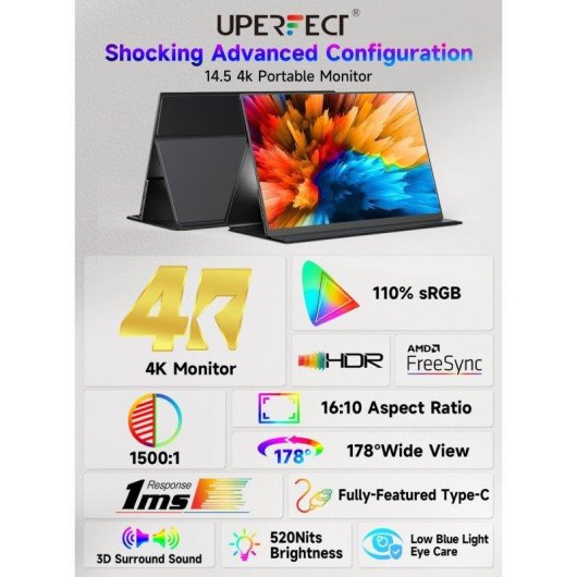 Monitor Uperfect 14,5" UltraHD 4K 60Hz IPS 110% sRGB 1ms Portátil