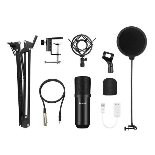 Micrófono Puluz PU612B USB unidireccional con filtro antipop y accesorios