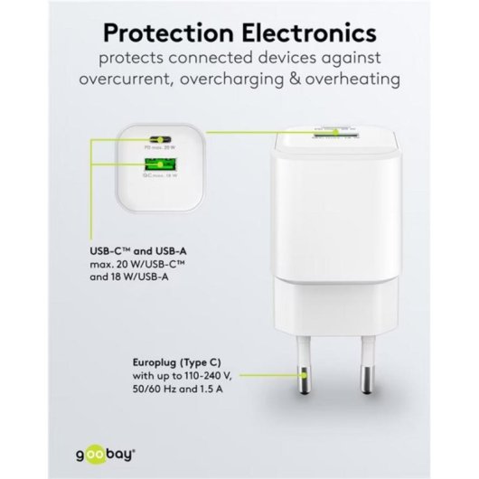 Ladegerät USB Goobay 20W 2 Ports USB-A und USB-C GaN Power Delivery Quick Charge