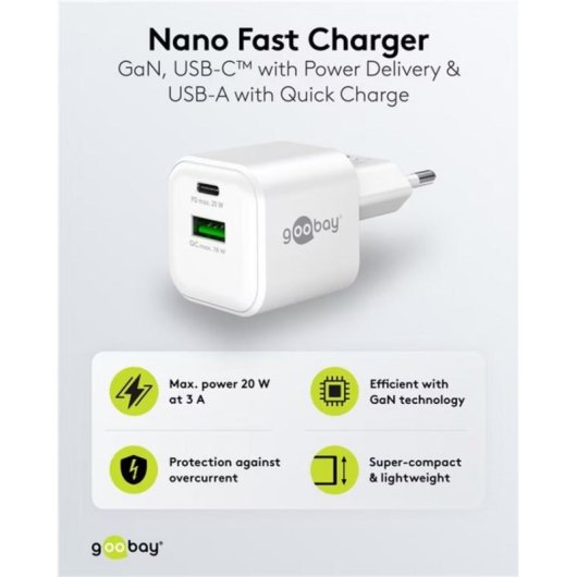 Ladegerät USB Goobay 20W 2 Ports USB-A und USB-C GaN Power Delivery Quick Charge