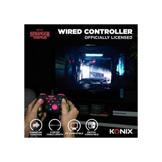 Mando Konix Stranger Things con Cable para Nintendo Switch, Negro y Rosa