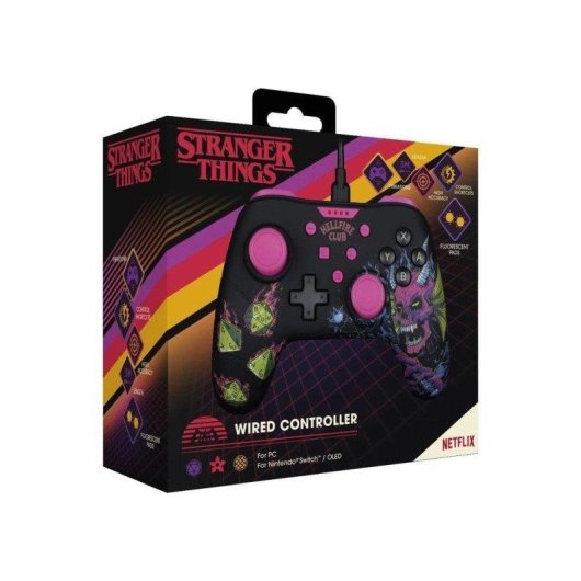 Mando Konix Stranger Things con Cable para Nintendo Switch, Negro y Rosa