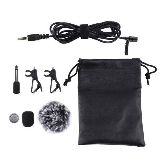 Microfone Puluz PU427 clip 3,5mm omnidirecional com cabo 6m e acessórios