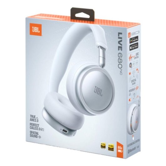 Casque JBL Live 680NC sans fil Bluetooth avec réduction de bruit, micro et blanc