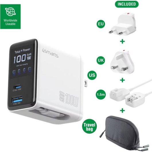 Ladegerät 4smarts GaN Flex Screen AI 100W USB-C und USB-A 3 Ports