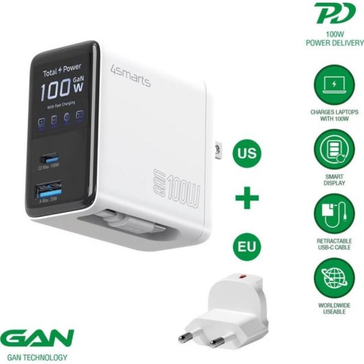 Ladegerät GaN 4smarts 100W Flex Screen AI Weiß 3 USB-A und USB-C Ports