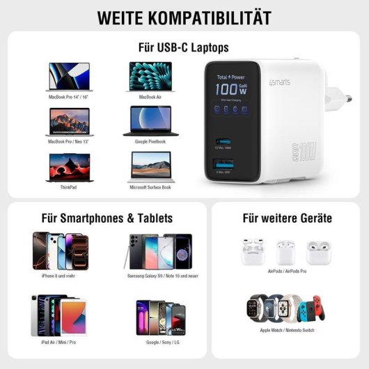 Ladegerät GaN 4smarts 100W Flex Screen AI Weiß 3 USB-A und USB-C Ports