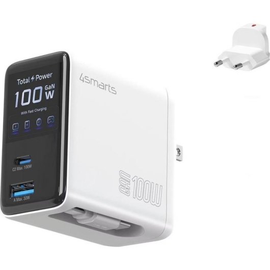 Ladegerät GaN 4smarts 100W Flex Screen AI Weiß 3 USB-A und USB-C Ports
