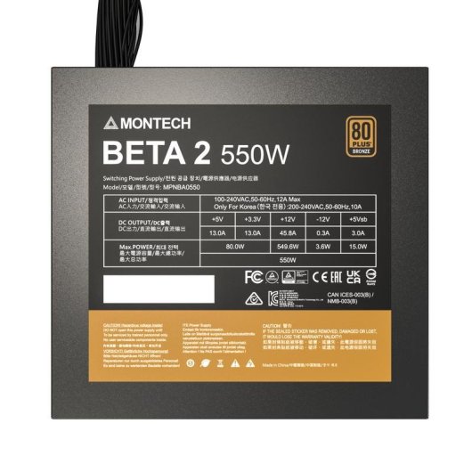 Fuente de Alimentación Montech BETA 2 550W Certificación 80 PLUS Bronze no modular