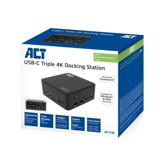 Docking Station USB-C 4K para 3 monitores ACT AC7148 DisplayLink