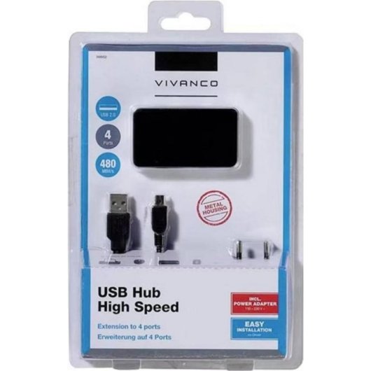 Hub Vivanco 4 Ports 480 Mbps USB 2.0 Modell VVITHUB2V4PORTS Schwarz Silber