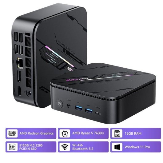 Mini PC Blackview MP100PRO AMD Ryzen 5 7430U 16GB 512GB SSD Radeon Windows 11 Pro Silencioso