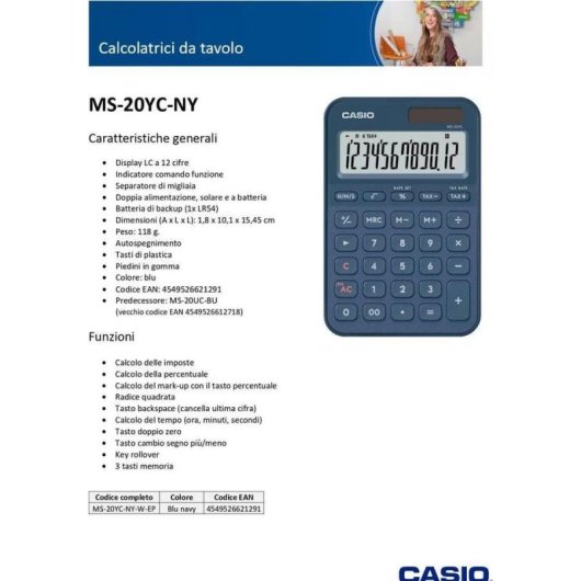 Calcolatrice da scrivania Casio MS-20YC 12 cifre alimentazione mista blu navy