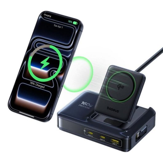 Cargador Baseus Nomos NH21 4-en-1 Inalámbrico USB-C Qi2 160W Negro Cosmic