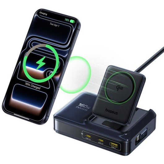 Cargador Baseus Nomos NH21 4-en-1 Inalámbrico USB-C Qi2 160W Negro Cosmic