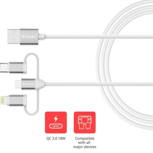 Kabel USB Verbatim 3 in 1 1 m USB A zu USB-C/Micro USB/Lightning Weiß