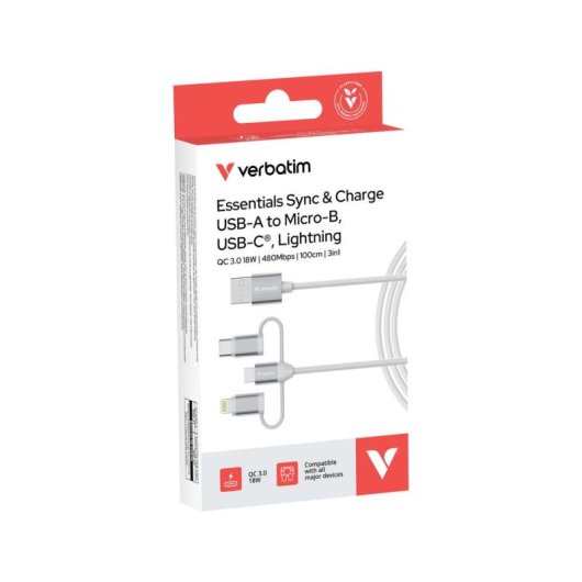 Kabel USB Verbatim 3 in 1 1 m USB A zu USB-C/Micro USB/Lightning Weiß