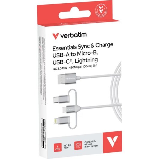 Kabel USB Verbatim 3 in 1 1 m USB A zu USB-C/Micro USB/Lightning Weiß