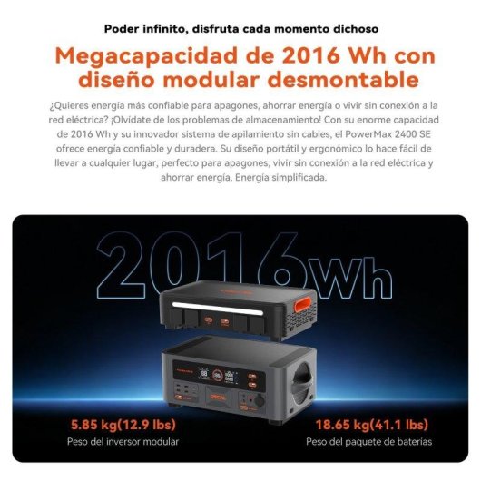 Estación de energía OSCAL Powermax 2400 SE 2016Wh 8 puertos AC, DC y USB Batería LiFePO4 Control APP
