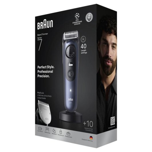Máquina de Cortar Barba Braun BeardTrimmer 7 80789809 Sem Fios 120min 40 Comprimentos 5 Pentes À Prova de Água