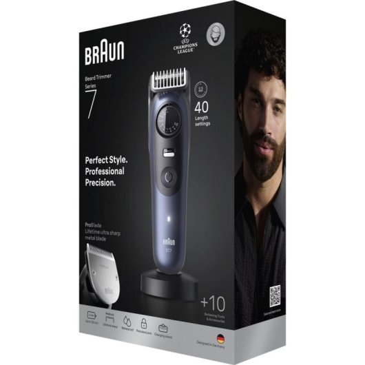 Máquina de Cortar Barba Braun BeardTrimmer 7 80789809 Sem Fios 120min 40 Comprimentos 5 Pentes À Prova de Água