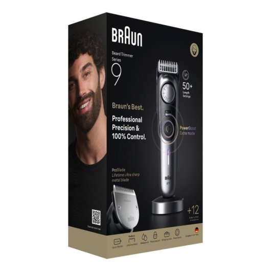 Tondeuse Homme Braun BeardTrimmer 9 BT9560 sans Fil 180min 52 Longueurs 2 Sabots Étanche