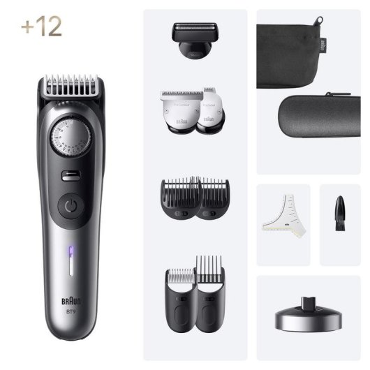 Tondeuse Homme Braun BeardTrimmer 9 BT9560 sans Fil 180min 52 Longueurs 2 Sabots Étanche