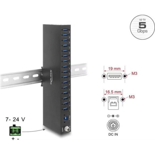 Hub Delock 16 Ports 5 Gbps Modell 60793 mit ESD und DIN-Schienenmontage