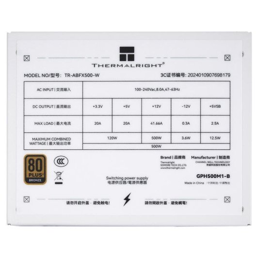 Fuente de Alimentación Thermalright ABFX500W 500W Certificação 80 PLUS Bronze não modular
