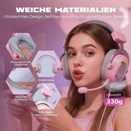 Casque Fifine USB câblé Surround virtuel Over Ear Gaming Rose