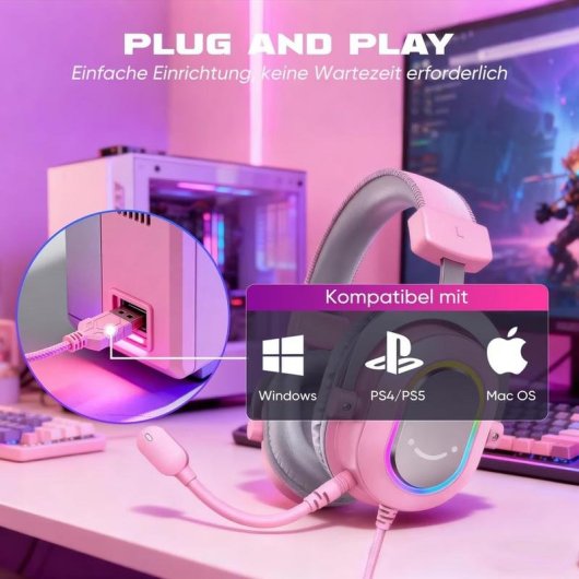 Casque Fifine USB câblé Surround virtuel Over Ear Gaming Rose