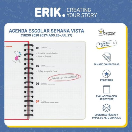 Agenda escolar Grupo Erik Snoopy A5 de semana vista con tapa dura