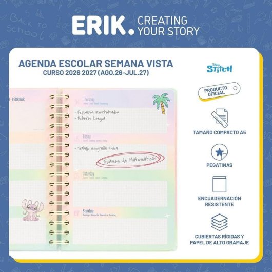 Agenda scolaire Groupe Erik Stitch et Angel A5 semaine vue 12 mois