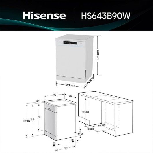 Lavavajillas Hisense HS643B90W 15 Servicios B con tercera bandeja y AquaStop