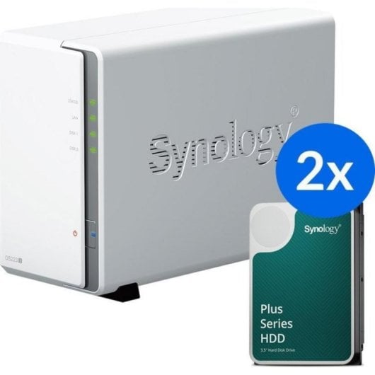 Servidor NAS Synology 8TB DS223j con 2 bahías y discos HAT3300, gestión multimedia y protección avanzada