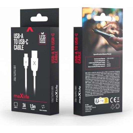 Câble USB-C vers USB-A Maxlife 1,5 m 3A Blanc