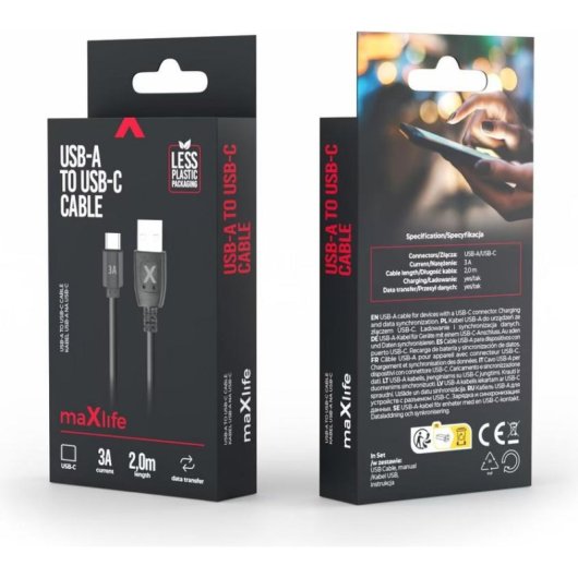 Câble USB Maxlife USB-A vers USB-C 2 m 3A Noir