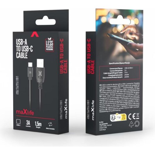 Câble USB-C vers USB-A Maxlife 1,5 m 3A Noir