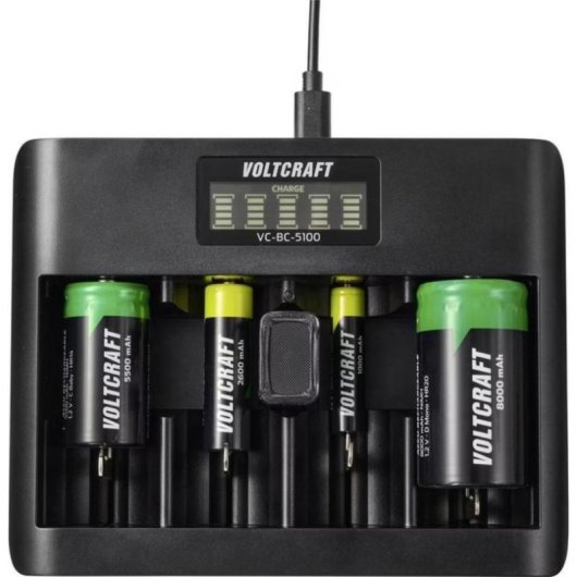 Ladegerät Voltcraft VC-BC 5100 5x Ladeschächte USB-C Micro USB NiMH