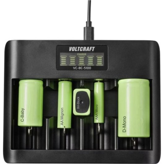 Ladegerät Voltcraft VC-BC 5100 5x Ladeschächte USB-C Micro USB NiMH