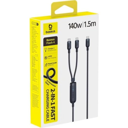 Cabo USB-C Baseus Flash 4 2-em-1 140W 1,5m Preto