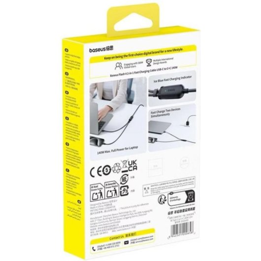 Cabo USB-C Baseus Flash 4 2-em-1 140W 1,5m Preto