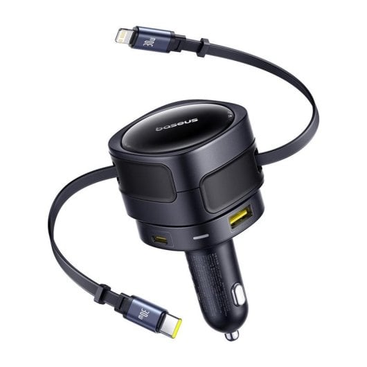 Auto-Ladegerät Baseus 90W Schwarz mit Integrierten USB-C- und Lightning-Kabeln