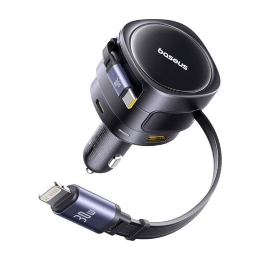 Auto-Ladegerät Baseus 90W Schwarz mit Integrierten USB-C- und Lightning-Kabeln