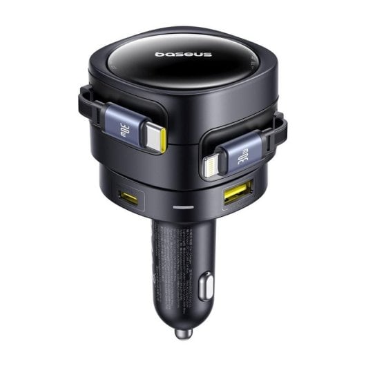 Auto-Ladegerät Baseus 90W Schwarz mit Integrierten USB-C- und Lightning-Kabeln
